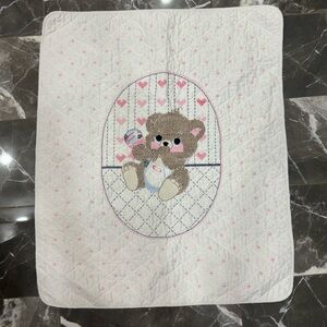 Cute Vintage Hand-Embroidered Teddy Bear Baby Quilt Blanket